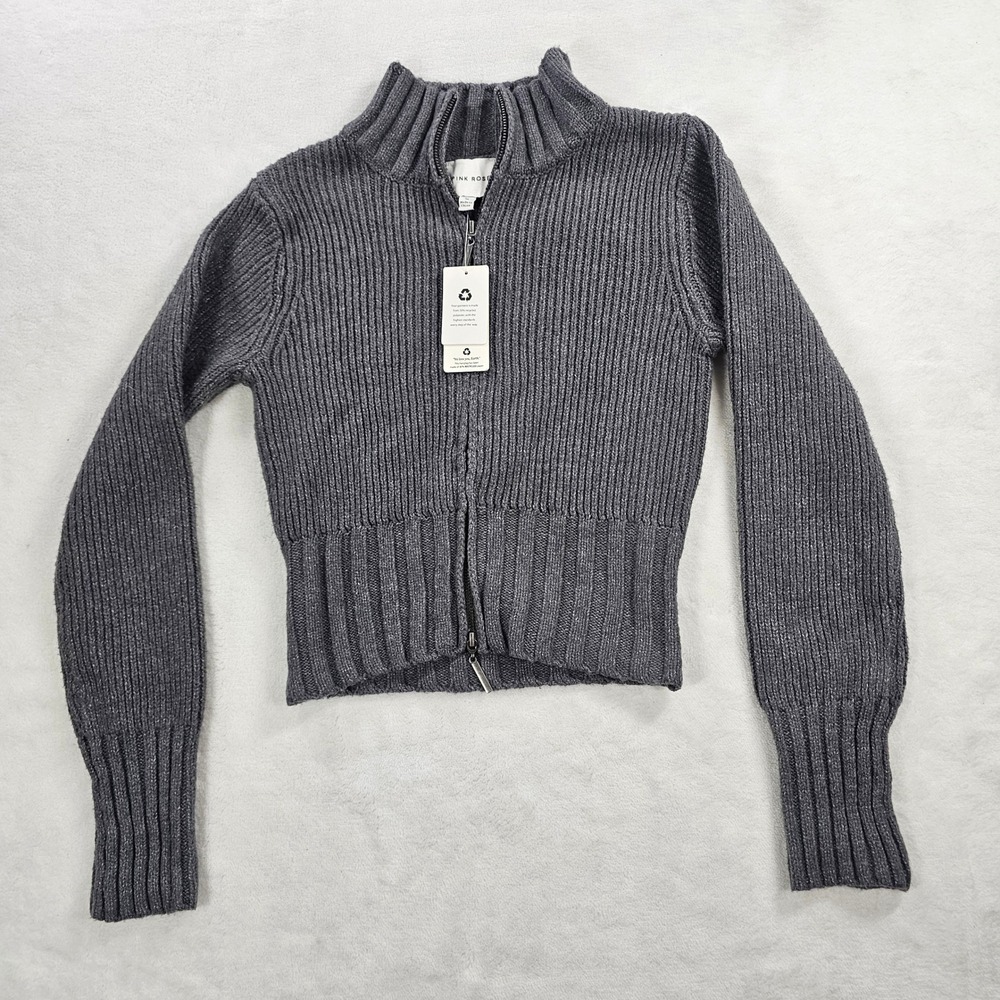 Pink Rose Full Zip Sweater Womens Medium Granite NWT Ribbed Cropped 4T01977